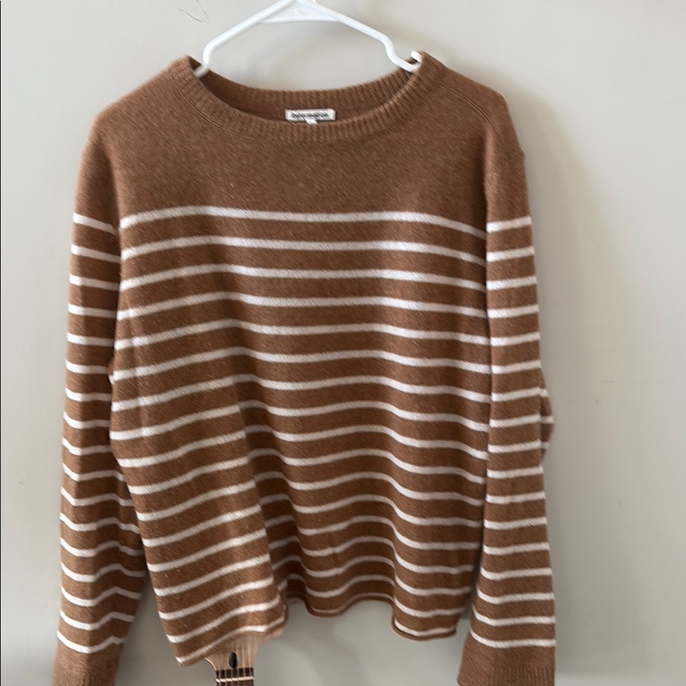 100% Cashmere Reformation Brown and White Striped Crew Neck Sweater
